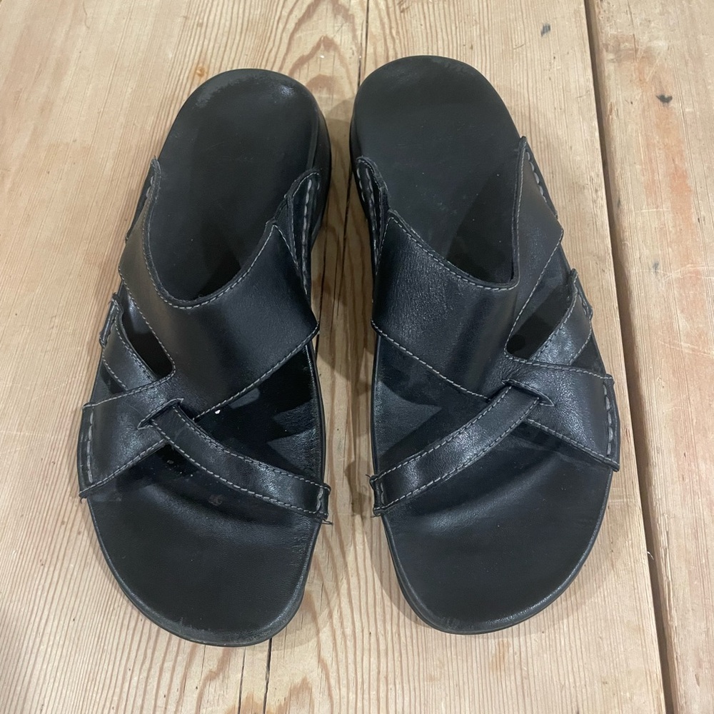 Black Leather Slide Sandals Clark’s size 6.5 - Picture 1 of 5